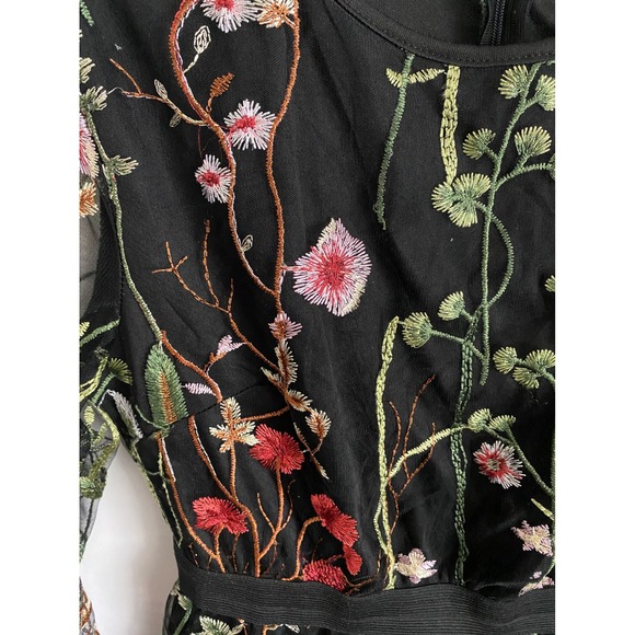 Sheer Mesh Embroidered Black Floral Mini Dress Long Sleeve M - Picture 2 of 8